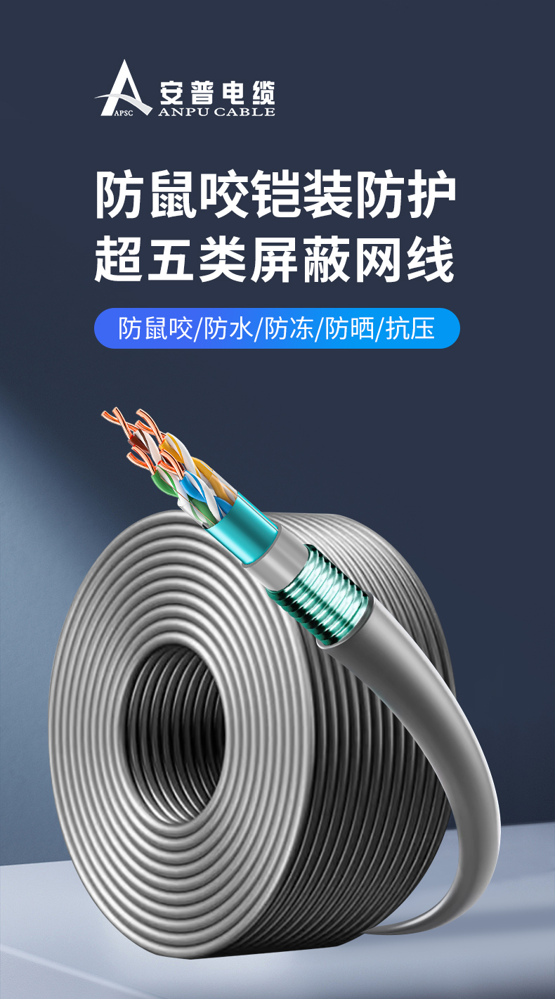 安普超五类铠装网线防鼠咬钢带防晒冻室外抗老化可地埋铠甲网络线